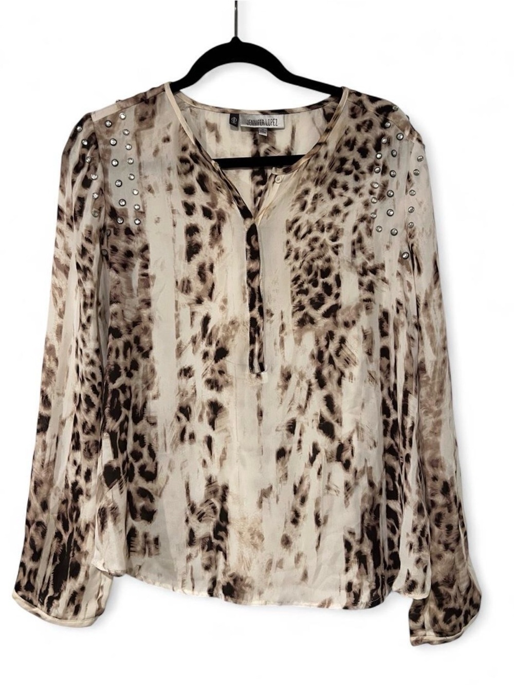 Jennifer Lopez Studded Shoulder Leopard Print Blouse V-Neck Top M